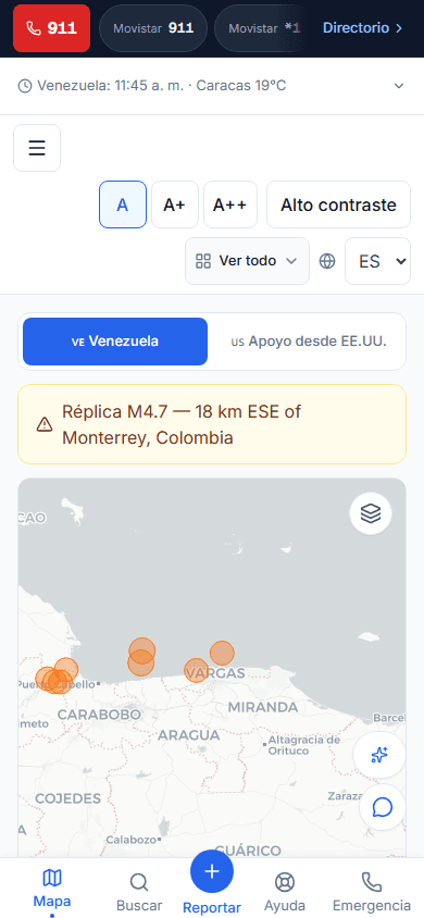 Vigil en iPhone — navegación móvil y mapa de crisis